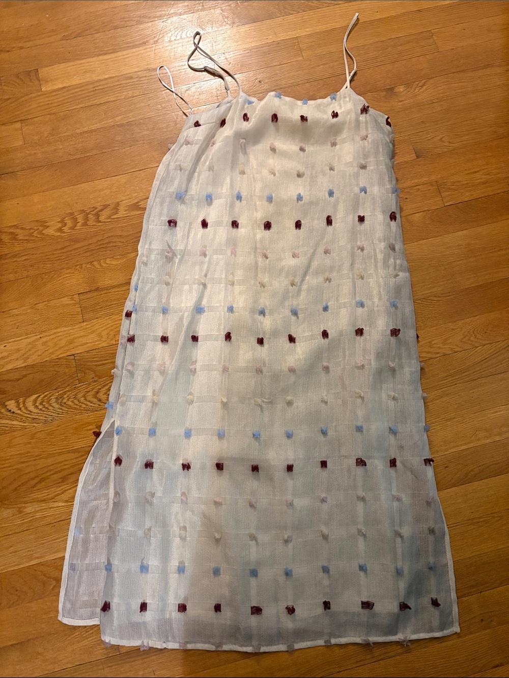 English Factory White Sheer Midi Dress with Blue and Burgundy Dot Embroidery